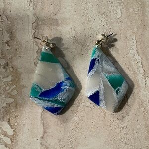 Blue Green White Kite Shaped Resin Pierced Earrings